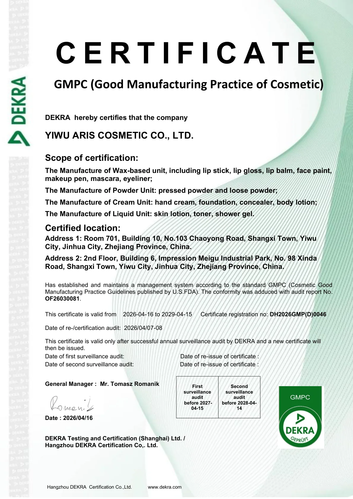 ARIS Cosmetics ISO 9001 certificate page 2