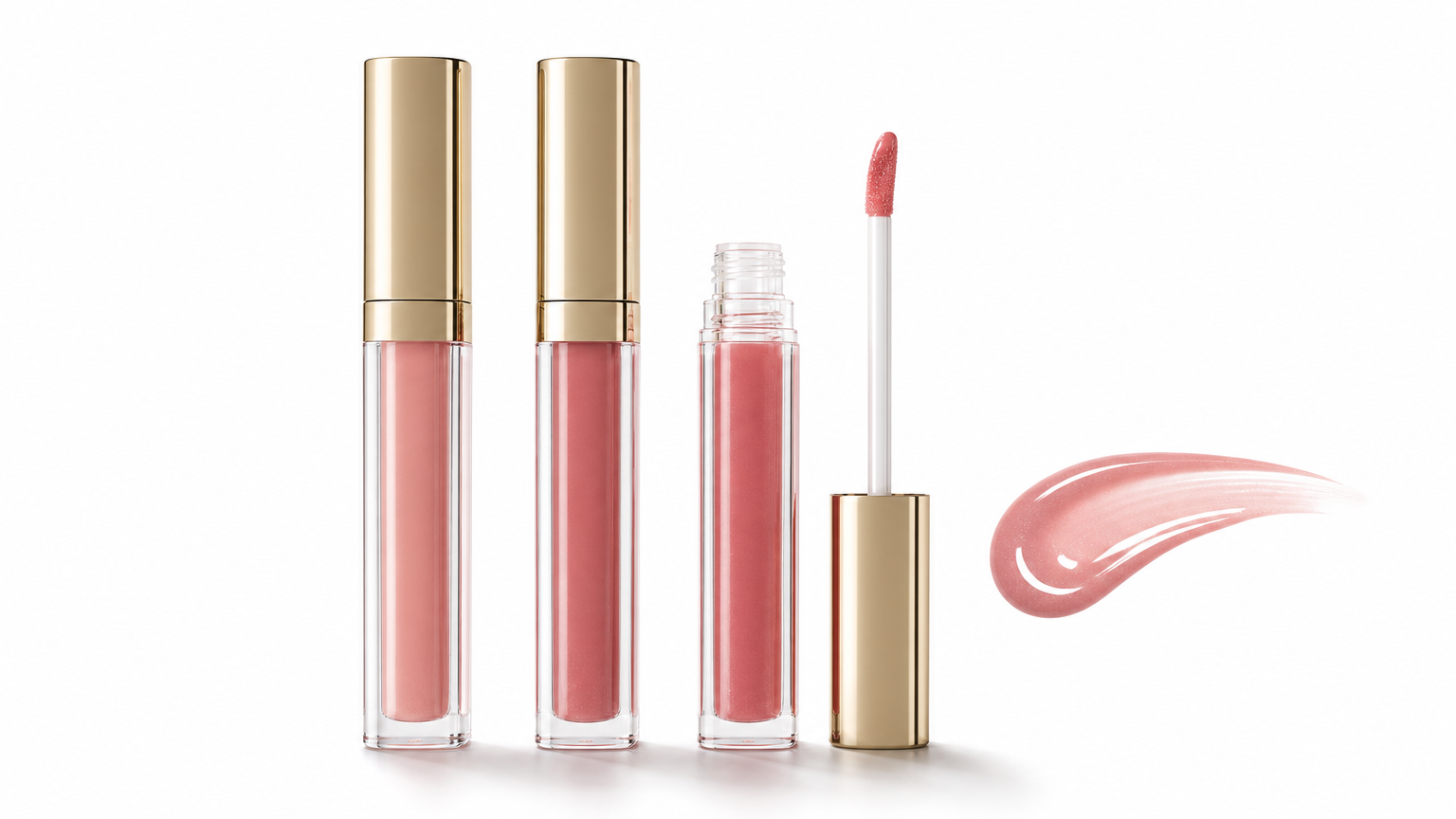 Premium transparent lip gloss tubes with opened applicator wand and nude pink swatch on white background